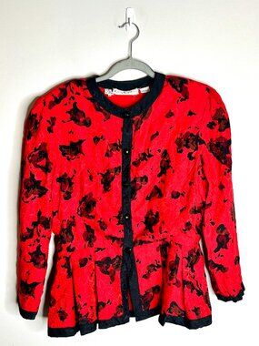 Vtg Gerald Brook 100% Silk Red Leopard Print Red 90's Peplum Button-Up Top 16